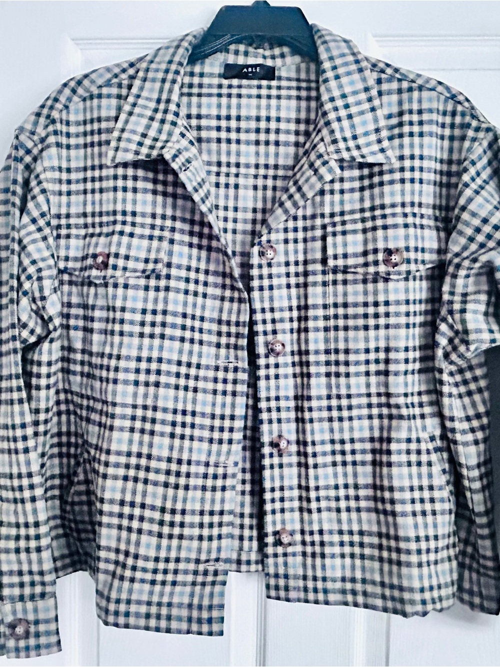 Able Women's Plaid Shirt Jacket in Cream, Blue & Green